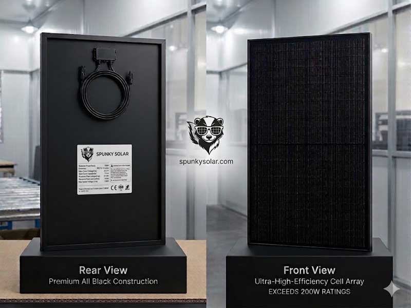Spunky Solar 200W High-Output Panel — front and rear view